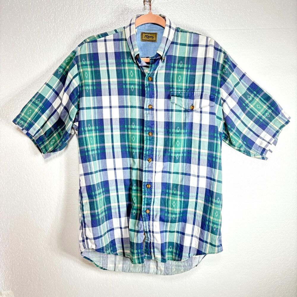 Roper Button Down Mens Medium 15.5 Short Sleeve Blue Green Plaid Shirt
